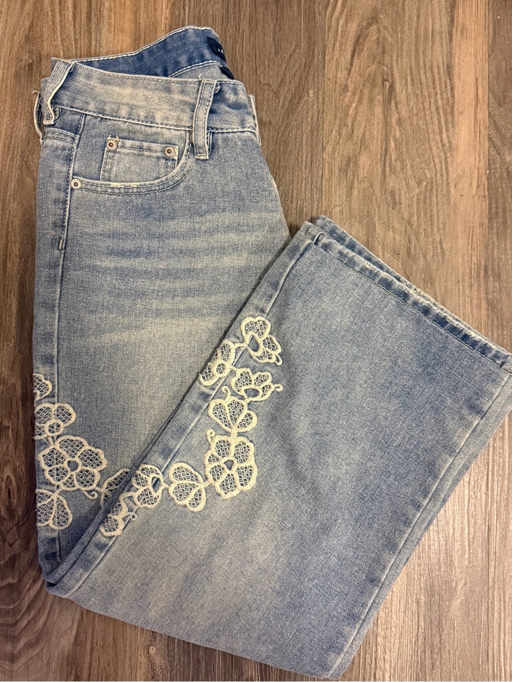 Aeropostale Light Blue Flare Jeans with Cream Lace Appliqué